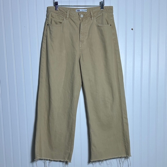 Zara Pants - Zara Z1975 Wide Leg High Waist Raw Hem Beige Utilitarian Jeans Size 8 Casual